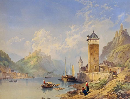 Paisaje costumbrista europeo pintado al agua por Richardson I.
