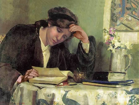 Dama estudiando, pintura costumbrista del siglo XX por Leach.