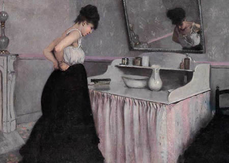 Dama en el vestidor, pintura costumbrista por Caillebotte.