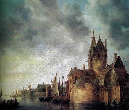Paisaje de la ribera holandesa en el 1700 por Van Goyen.