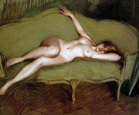 Figura femenina elegante retratada al desnudo por el francés Helleu.