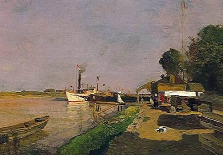 Barco en el río, óleo austríaco impresionista por Schindler.