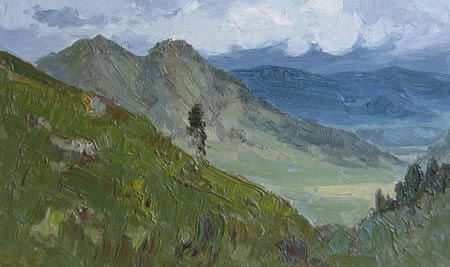 Paisaje montañoso pintado al óleo por el ruso Bazhenov.