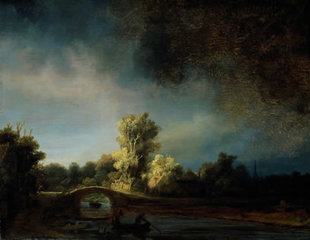 Puente sobre un río estilo Barroco por Rembrandt.