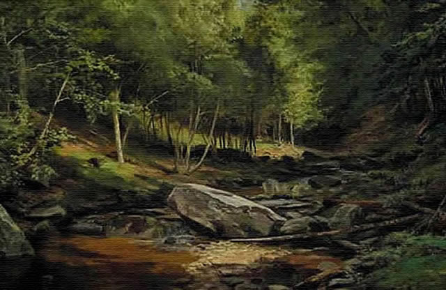 Realismo escuela río Hudson, bosque con riachuelo pintado por Wyant.