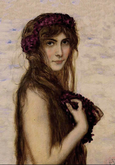 Dama con guirnalda, simbolismo expresionista por Von Stuck.