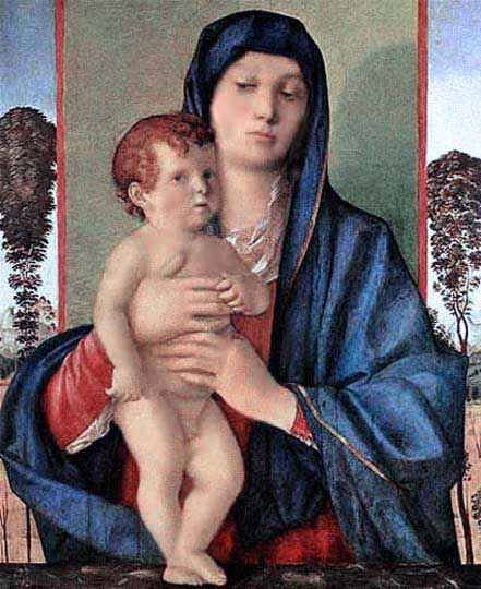 Madonna y el niño, pintura italiana antigua por el académico Bellini.
